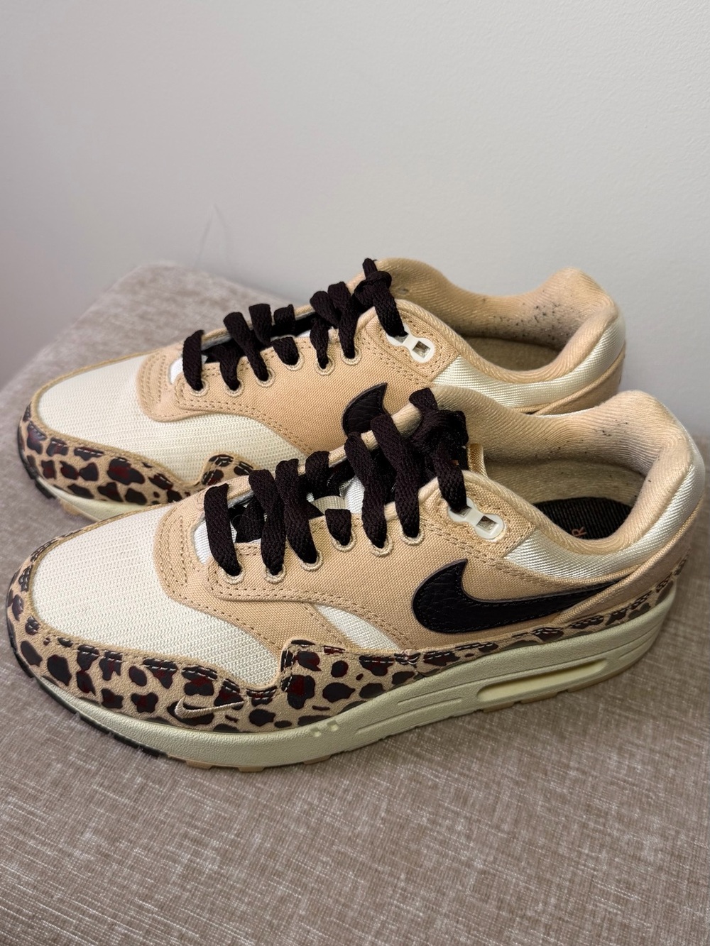 Nike Air Max 1 ‘87 Women’s Beige Cream Sneakers with Leopard Print